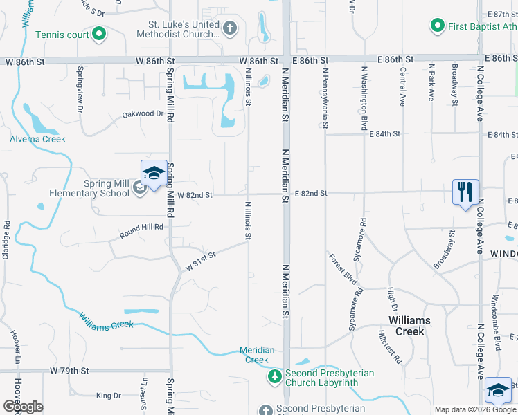 map of restaurants, bars, coffee shops, grocery stores, and more near 75 West 82nd Street in Indianapolis