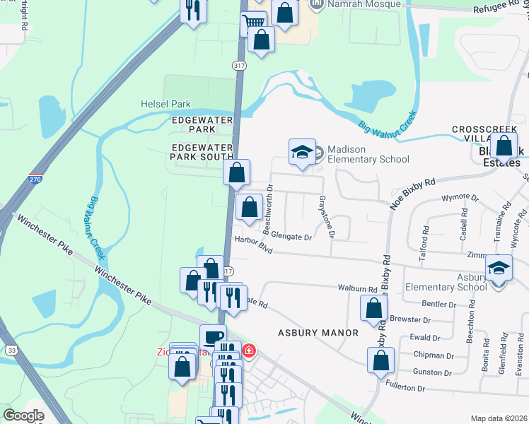map of restaurants, bars, coffee shops, grocery stores, and more near 3399 Beachworth Drive in Columbus
