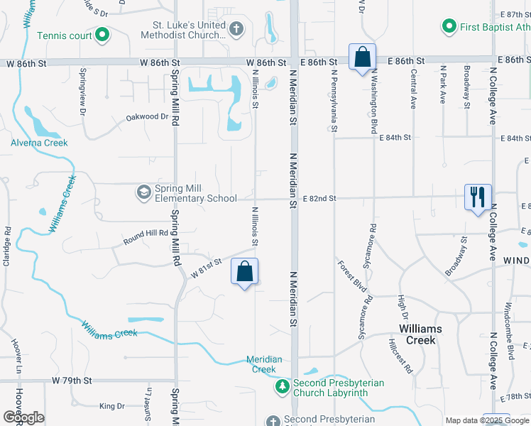 map of restaurants, bars, coffee shops, grocery stores, and more near 75 West 82nd Street in Indianapolis