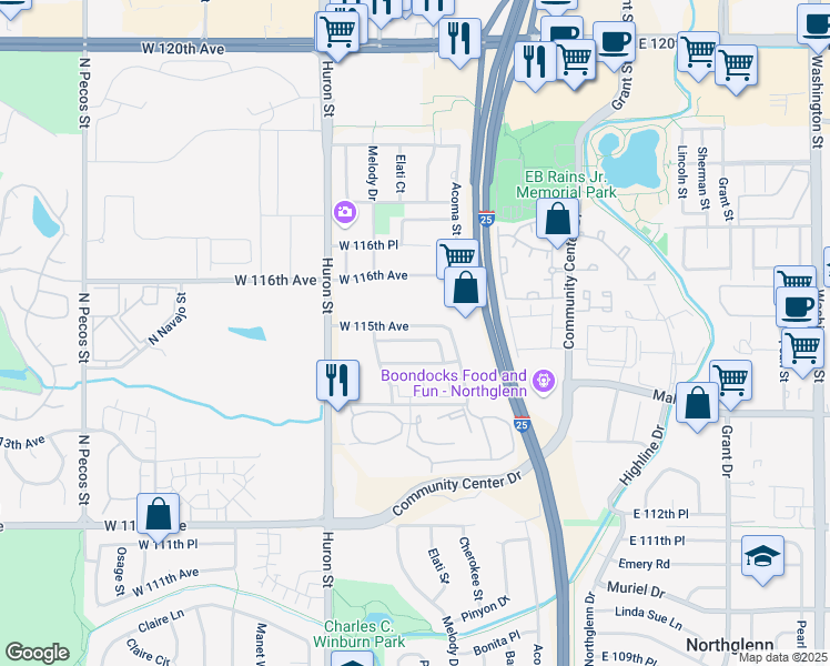 map of restaurants, bars, coffee shops, grocery stores, and more near 525 West 115th Avenue in Northglenn