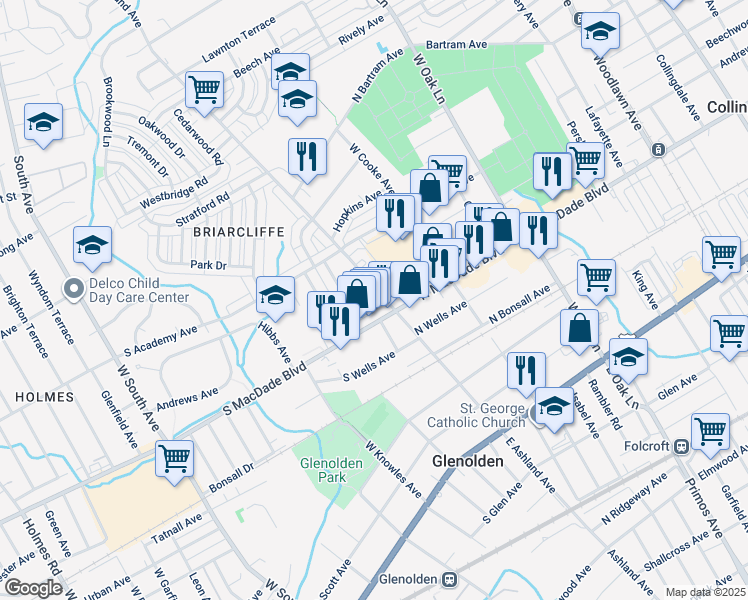 map of restaurants, bars, coffee shops, grocery stores, and more near 7 South Andrews Avenue in Glenolden