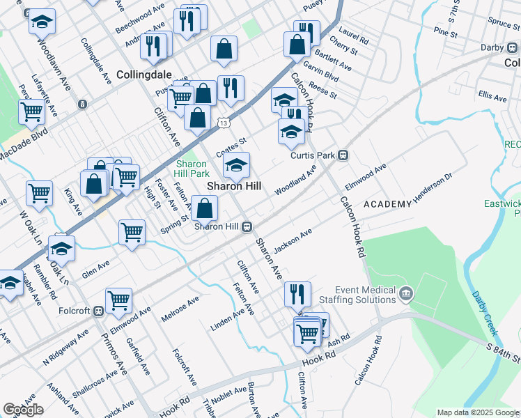map of restaurants, bars, coffee shops, grocery stores, and more near 1021 Woodland Avenue in Sharon Hill