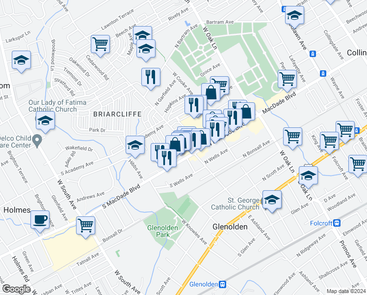 map of restaurants, bars, coffee shops, grocery stores, and more near 7 South Andrews Avenue in Glenolden