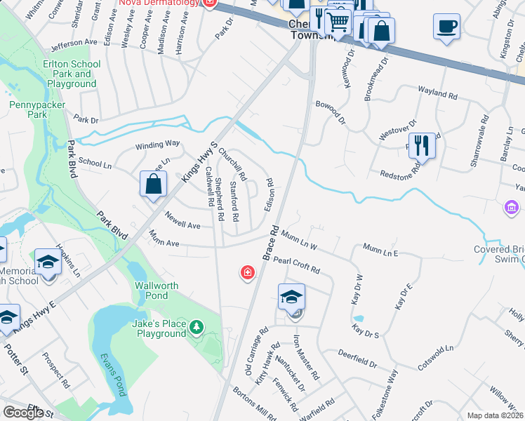 map of restaurants, bars, coffee shops, grocery stores, and more near 32 Park Circle in Cherry Hill
