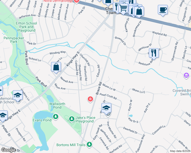 map of restaurants, bars, coffee shops, grocery stores, and more near 32 Park Circle in Cherry Hill