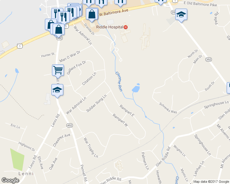 map of restaurants, bars, coffee shops, grocery stores, and more near 11 Rampart East in Media