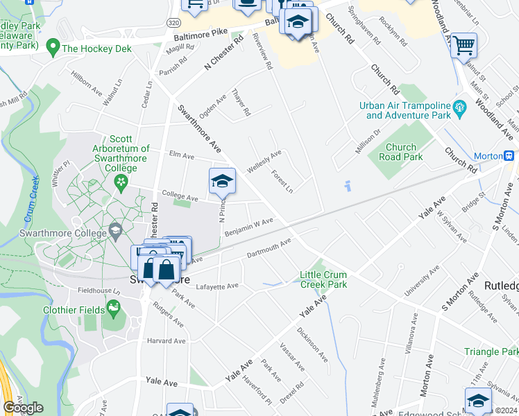 map of restaurants, bars, coffee shops, grocery stores, and more near 6 College Avenue in Swarthmore