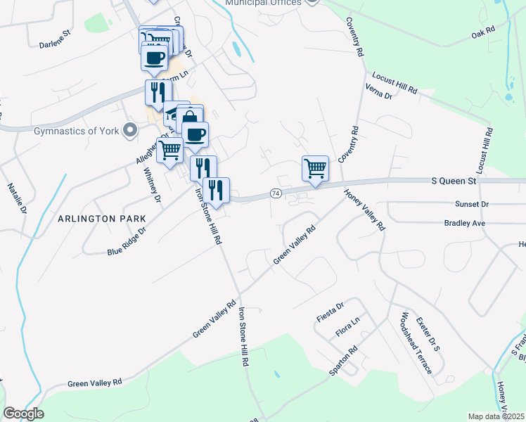 map of restaurants, bars, coffee shops, grocery stores, and more near 2764 South Queen Street in Dallastown