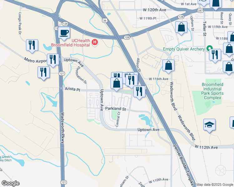 map of restaurants, bars, coffee shops, grocery stores, and more near 8200 Arista Place in Broomfield
