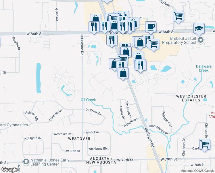 map of restaurants, bars, coffee shops, grocery stores, and more near 8247 Quetico Drive in Indianapolis