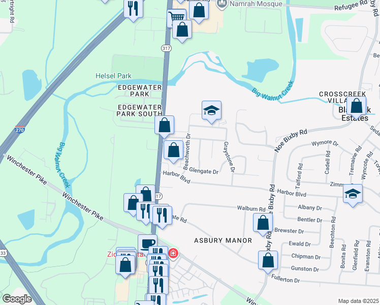 map of restaurants, bars, coffee shops, grocery stores, and more near 3399 Beachworth Drive in Columbus