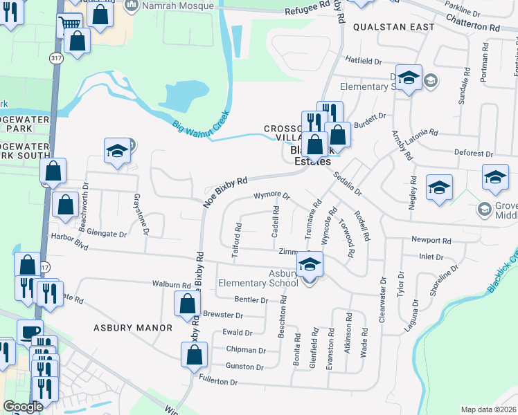 map of restaurants, bars, coffee shops, grocery stores, and more near 4936 Wymore Drive in Columbus