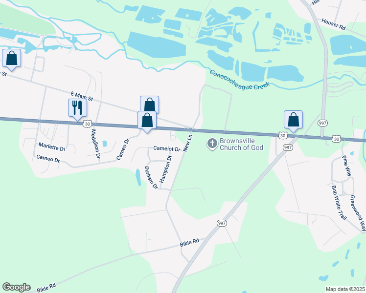 map of restaurants, bars, coffee shops, grocery stores, and more near 101 New Lane in Chambersburg