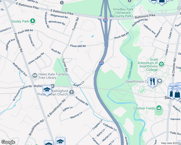 map of restaurants, bars, coffee shops, grocery stores, and more near 214 Sherwood Lane in Nether Providence Township