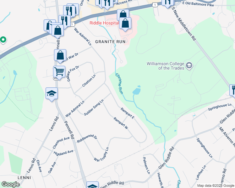map of restaurants, bars, coffee shops, grocery stores, and more near 11 Rampart East in Media