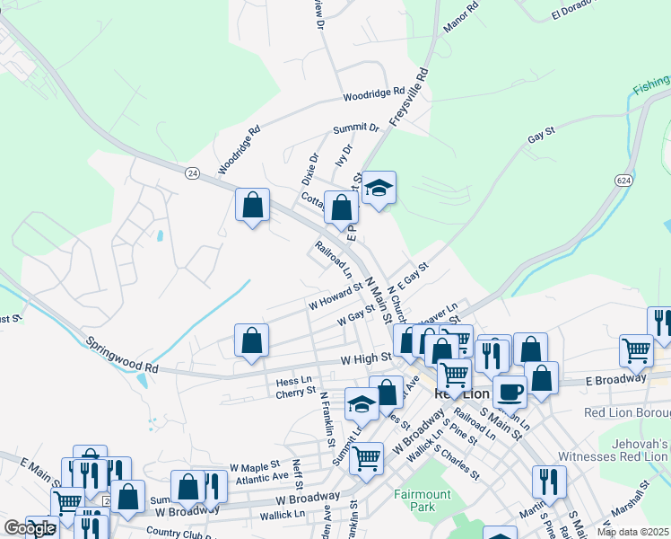 map of restaurants, bars, coffee shops, grocery stores, and more near 307 North Charles Street in Red Lion
