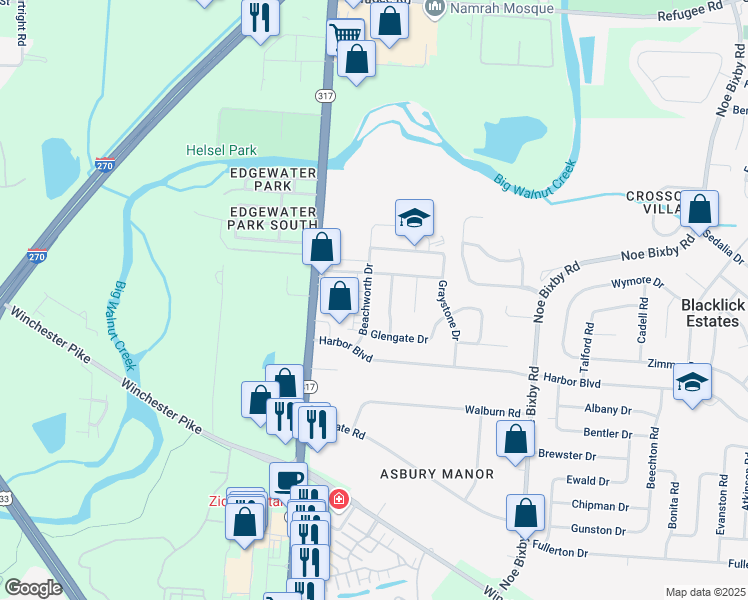 map of restaurants, bars, coffee shops, grocery stores, and more near 3399 Beachworth Drive in Columbus