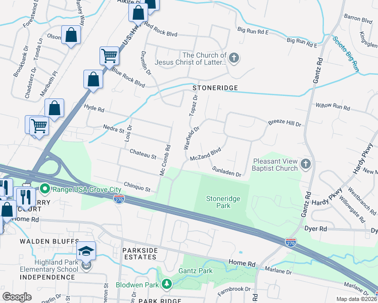 map of restaurants, bars, coffee shops, grocery stores, and more near 2400 Warfield Drive in Grove City