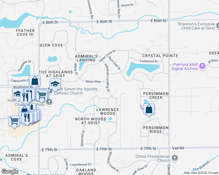 map of restaurants, bars, coffee shops, grocery stores, and more near 8205 Admirals Landing Place in Indianapolis