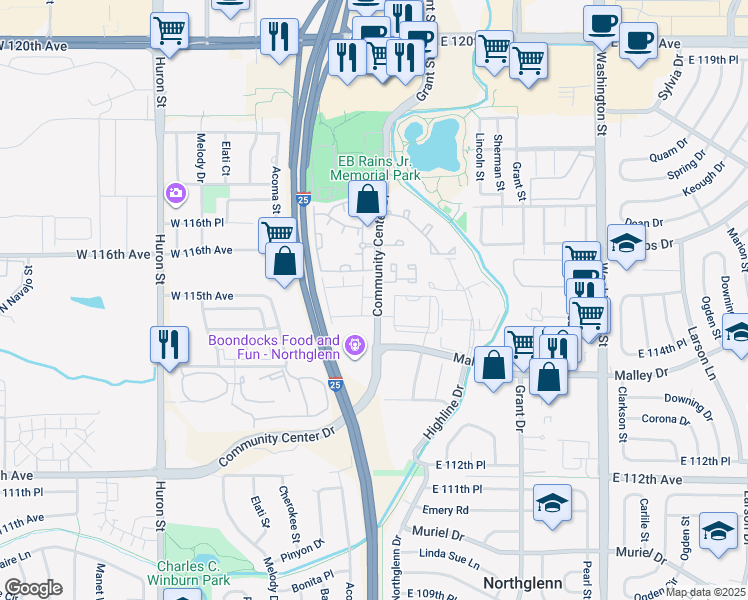 map of restaurants, bars, coffee shops, grocery stores, and more near 11525 Community Center Drive in Northglenn