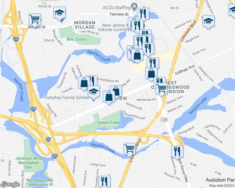 map of restaurants, bars, coffee shops, grocery stores, and more near 1412 Roanoke Road in Camden