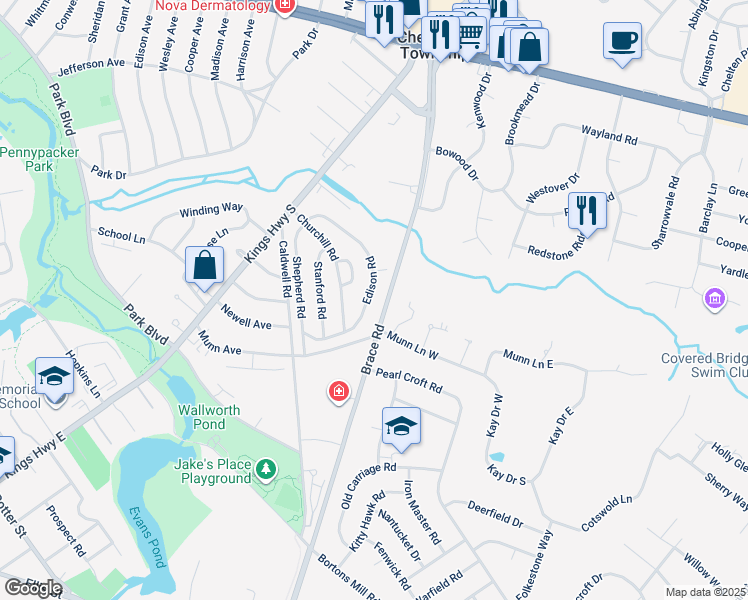 map of restaurants, bars, coffee shops, grocery stores, and more near 32 Park Circle in Cherry Hill