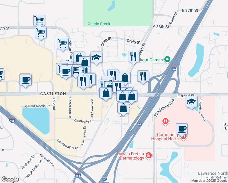 map of restaurants, bars, coffee shops, grocery stores, and more near 6714 East 82nd Street in Indianapolis