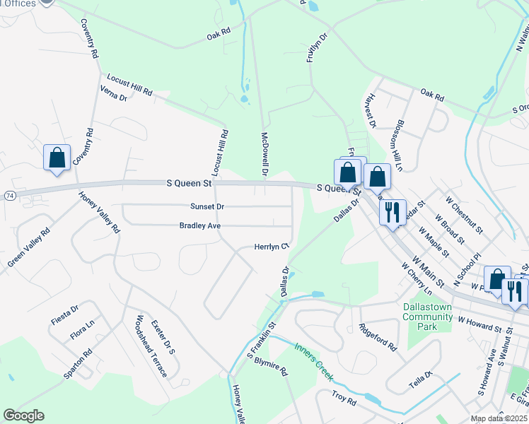 map of restaurants, bars, coffee shops, grocery stores, and more near 2956 Sunset Drive in Dallastown