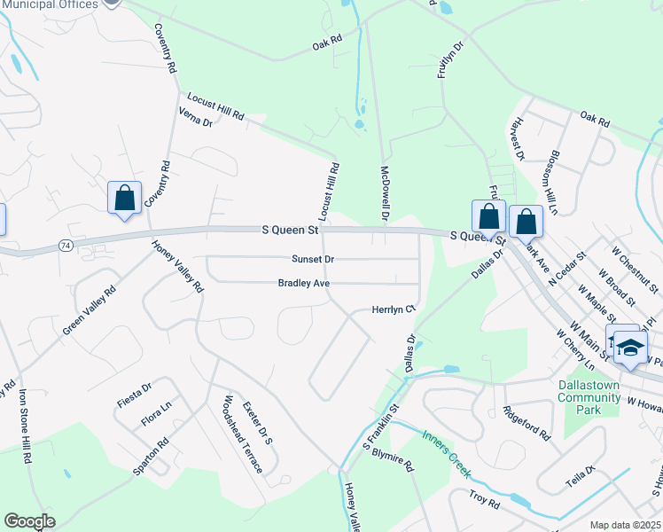 map of restaurants, bars, coffee shops, grocery stores, and more near 2900 Sunset Drive in Dallastown