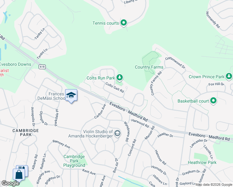 map of restaurants, bars, coffee shops, grocery stores, and more near 36 Colts Gait Road in Evesham