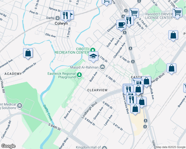 map of restaurants, bars, coffee shops, grocery stores, and more near 7827 Buist Avenue in Philadelphia