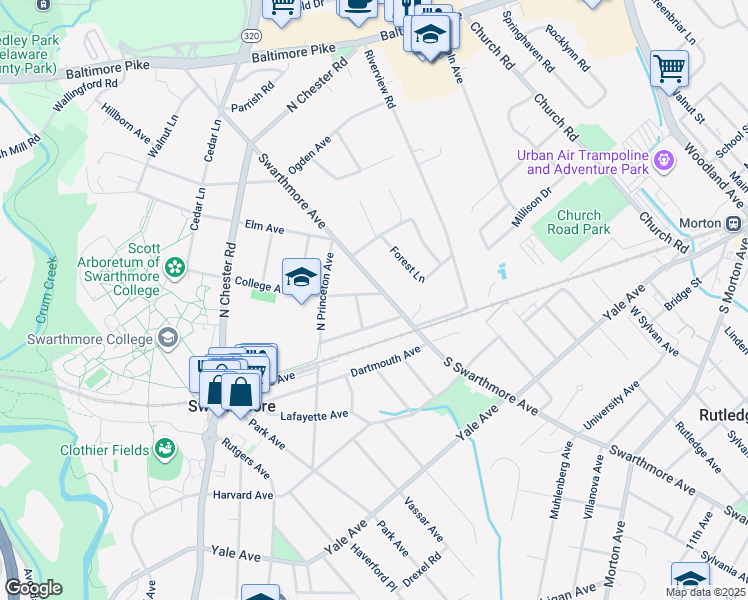 map of restaurants, bars, coffee shops, grocery stores, and more near 6 College Avenue in Swarthmore