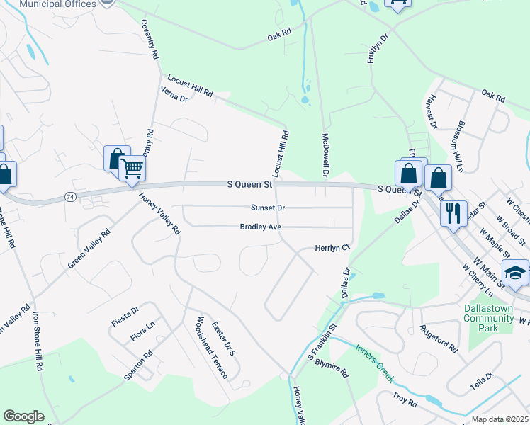 map of restaurants, bars, coffee shops, grocery stores, and more near 2888 Sunset Drive in Dallastown
