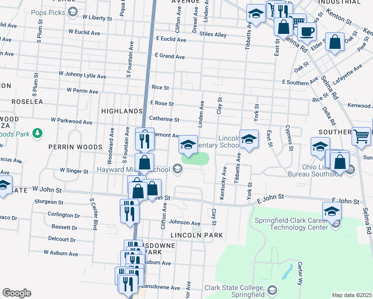 map of restaurants, bars, coffee shops, grocery stores, and more near 1700 Clifton Avenue in Springfield