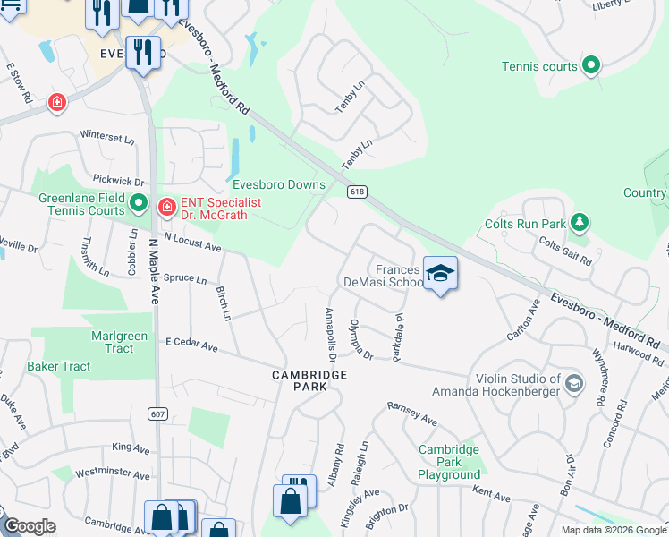 map of restaurants, bars, coffee shops, grocery stores, and more near 22 Phoenix Road in Evesham