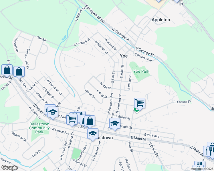 map of restaurants, bars, coffee shops, grocery stores, and more near 215 Denton Drive in Dallastown