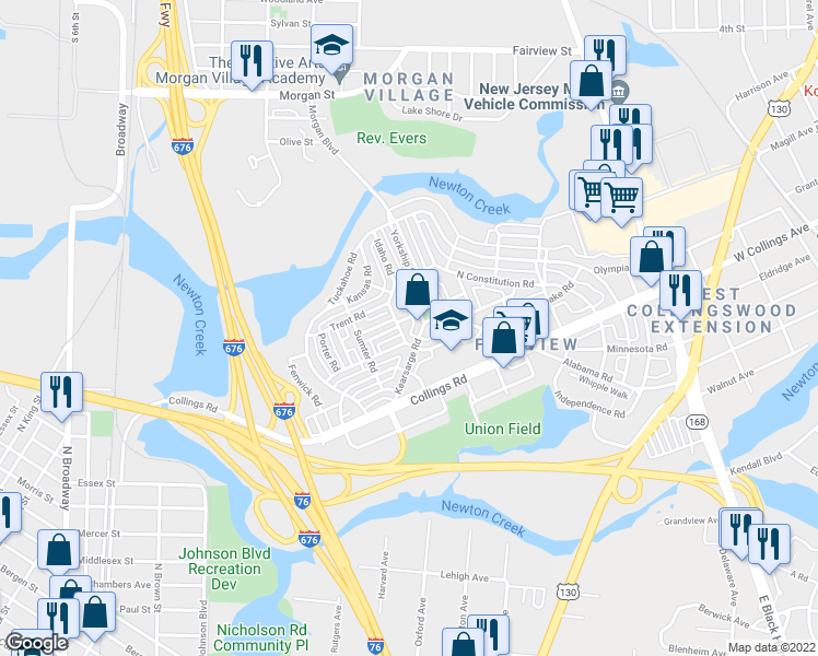 map of restaurants, bars, coffee shops, grocery stores, and more near 1134 West America Road in Camden