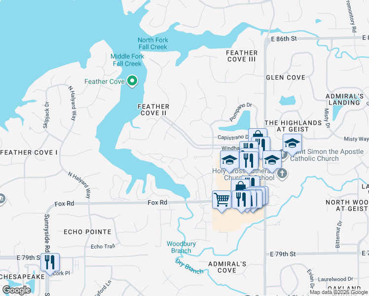 map of restaurants, bars, coffee shops, grocery stores, and more near 11525 Capistrano Circle in Indianapolis