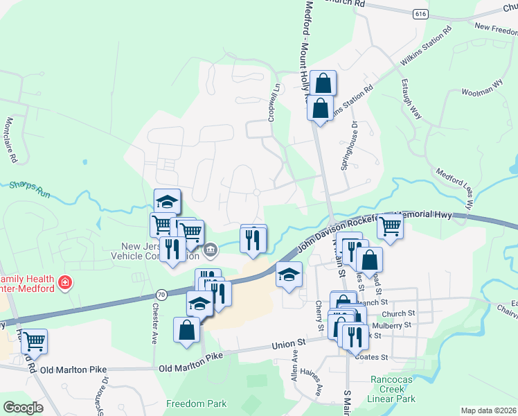 map of restaurants, bars, coffee shops, grocery stores, and more near 4 Eaves Mill Road in Medford