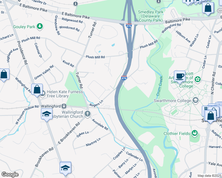 map of restaurants, bars, coffee shops, grocery stores, and more near 214 Sherwood Lane in Nether Providence Township