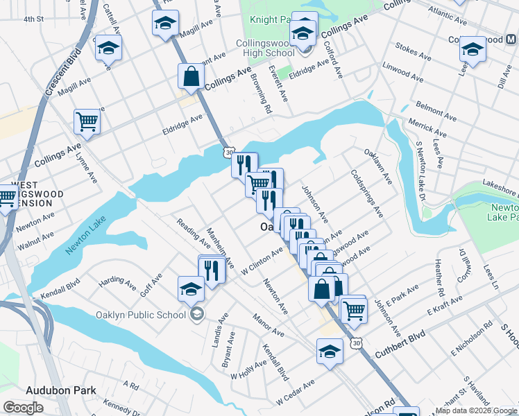 map of restaurants, bars, coffee shops, grocery stores, and more near 11 East Beechwood Avenue in Oaklyn