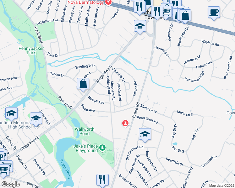 map of restaurants, bars, coffee shops, grocery stores, and more near 40 Stanford Road in Cherry Hill