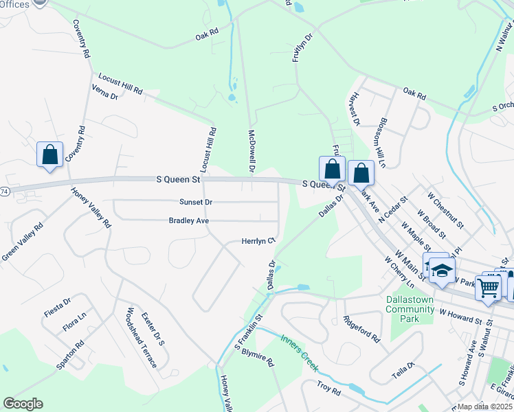 map of restaurants, bars, coffee shops, grocery stores, and more near 2956 Sunset Drive in Dallastown