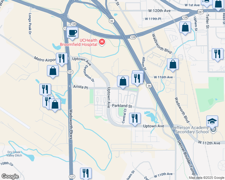 map of restaurants, bars, coffee shops, grocery stores, and more near 8300 Arista Place in Broomfield