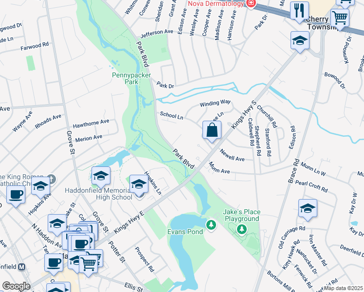 map of restaurants, bars, coffee shops, grocery stores, and more near 128 E Cherry Parke in Cherry Hill