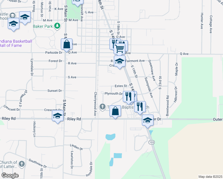 map of restaurants, bars, coffee shops, grocery stores, and more near 1700-1798 Estes Street in New Castle