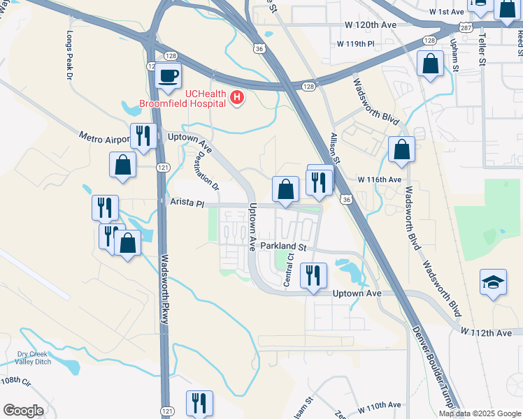 map of restaurants, bars, coffee shops, grocery stores, and more near 8300 Arista Place in Broomfield