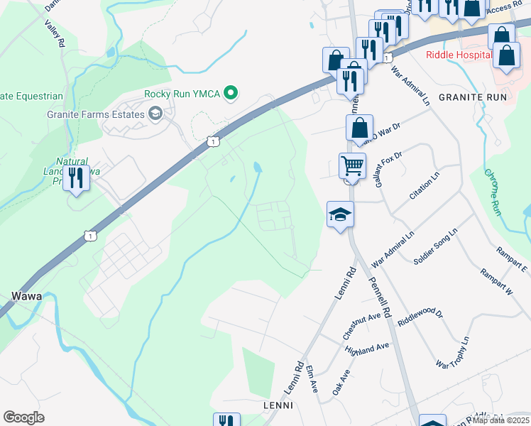 map of restaurants, bars, coffee shops, grocery stores, and more near 221 Grant Crossing in Media