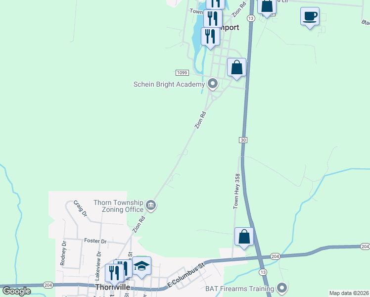map of restaurants, bars, coffee shops, grocery stores, and more near 14164 Zion Road in Thornville