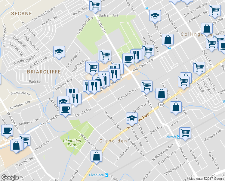map of restaurants, bars, coffee shops, grocery stores, and more near 102 North Wells Avenue in Glenolden
